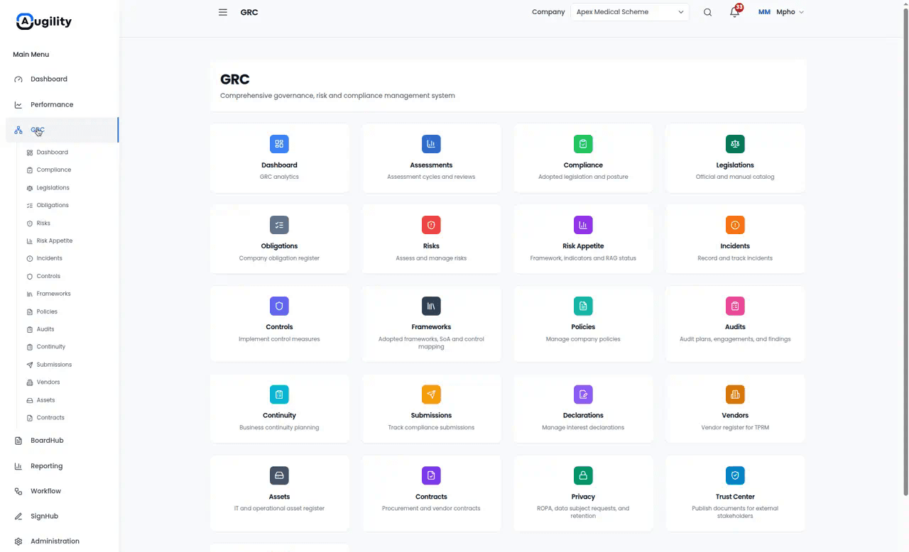Augility GRC workspace with risk, compliance, audit, and control modules