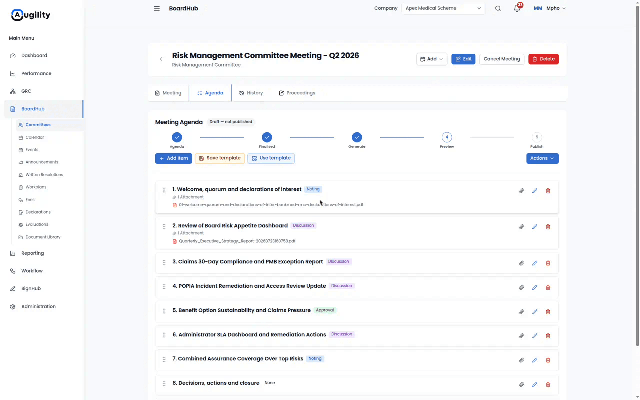 Augility BoardHub agenda for a risk management committee meeting
